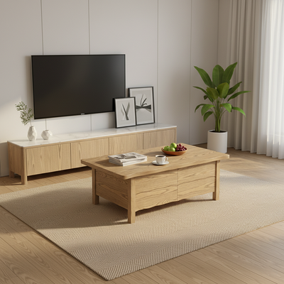 Healthy Home North American Ash Wood Coffee Table - Formaldehyde-Free & Smooth Drawers Table 4-Legs For Living Room