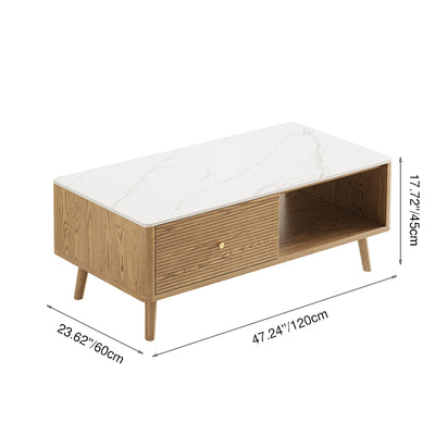 Practical Traditional French Coffee Table - Durable Ash Wood & Rock Slab Tabletop Table 2-Tier For Living Room