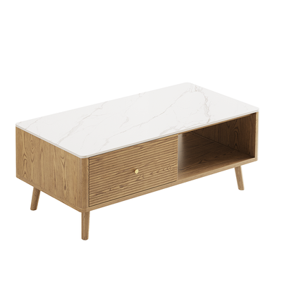 Practical Traditional French Coffee Table - Durable Ash Wood & Rock Slab Tabletop Table 2-Tier For Living Room