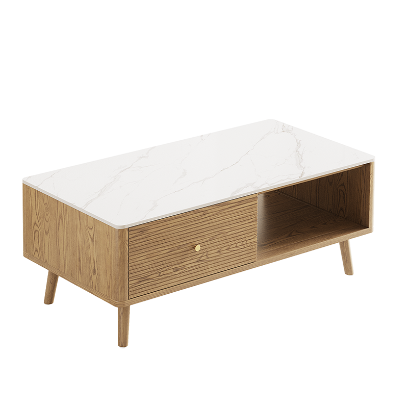 Practical Traditional French Coffee Table - Durable Ash Wood & Rock Slab Tabletop Table 2-Tier For Living Room