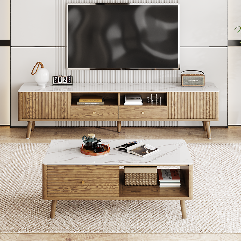 Practical Traditional French Coffee Table - Durable Ash Wood & Rock Slab Tabletop Table 2-Tier For Living Room