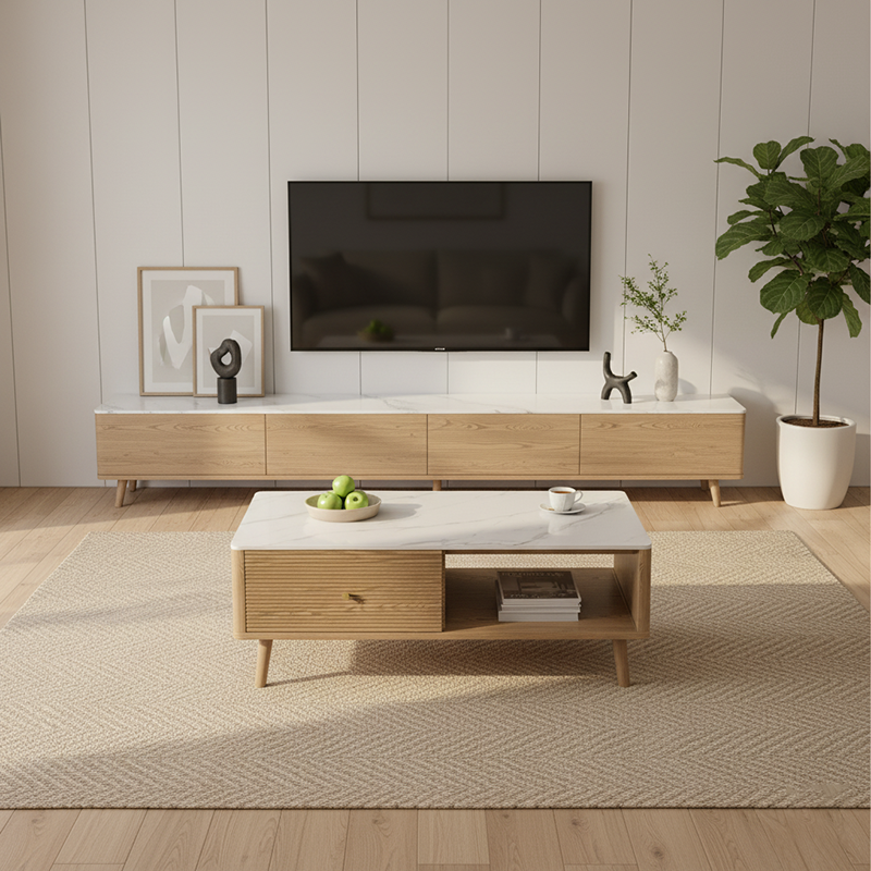 Practical Traditional French Coffee Table - Durable Ash Wood & Rock Slab Tabletop Table 2-Tier For Living Room