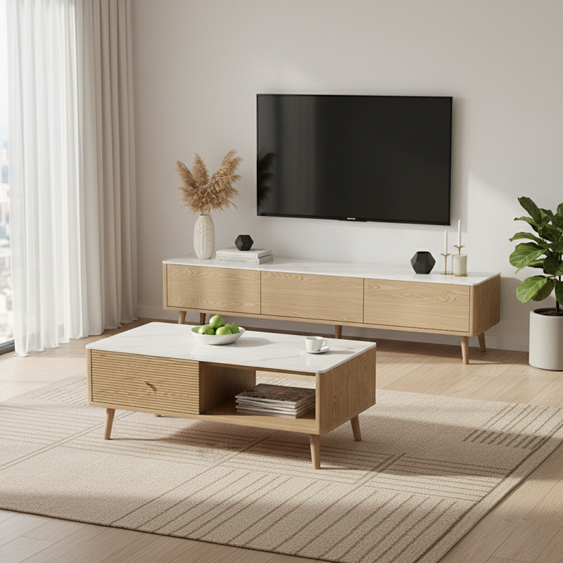 Practical Traditional French Coffee Table - Durable Ash Wood & Rock Slab Tabletop Table 2-Tier For Living Room