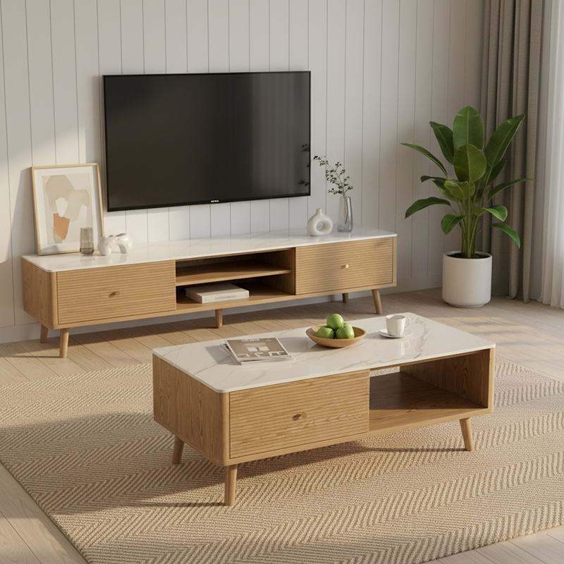 Practical Traditional French Coffee Table - Durable Ash Wood & Rock Slab Tabletop Table 2-Tier For Living Room