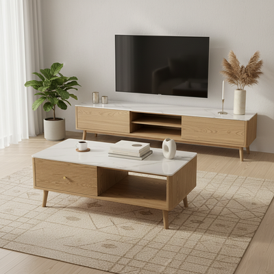 Practical Traditional French Coffee Table - Durable Ash Wood & Rock Slab Tabletop Table 2-Tier For Living Room