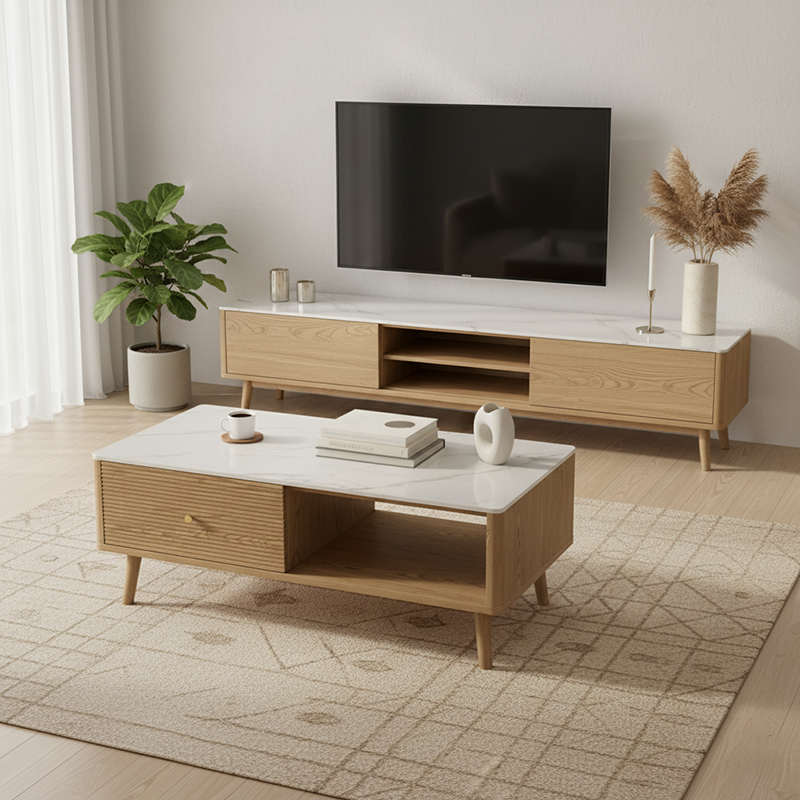 Practical Traditional French Coffee Table - Durable Ash Wood & Rock Slab Tabletop Table 2-Tier For Living Room