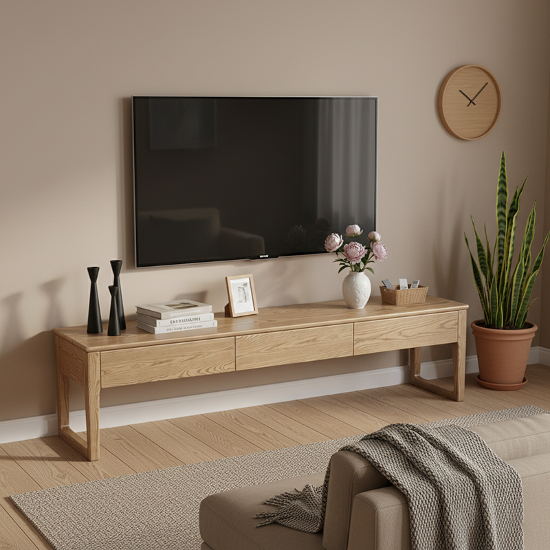 Umweltfreundliches TV-Ständer aus Eschenholz - Robustes Design, viel Stauraum, TV-Schrank mit 3 Schubladen für das Wohnzimmer 