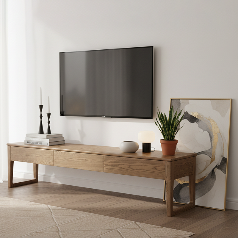 Umweltfreundliches TV-Ständer aus Eschenholz - Robustes Design, viel Stauraum, TV-Schrank mit 3 Schubladen für das Wohnzimmer 
