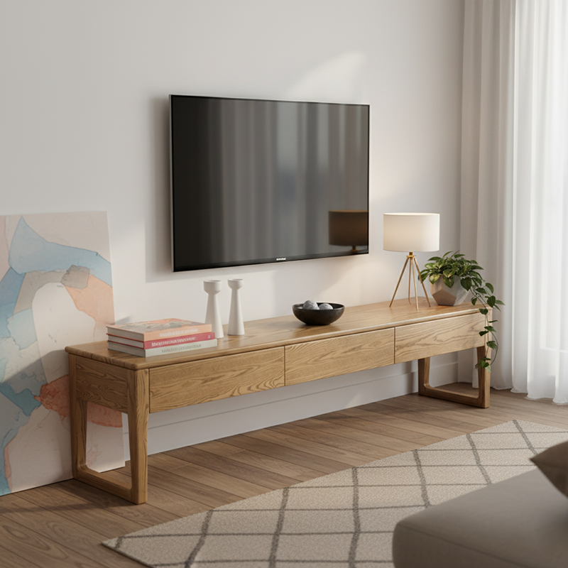 Umweltfreundliches TV-Ständer aus Eschenholz - Robustes Design, viel Stauraum, TV-Schrank mit 3 Schubladen für das Wohnzimmer 