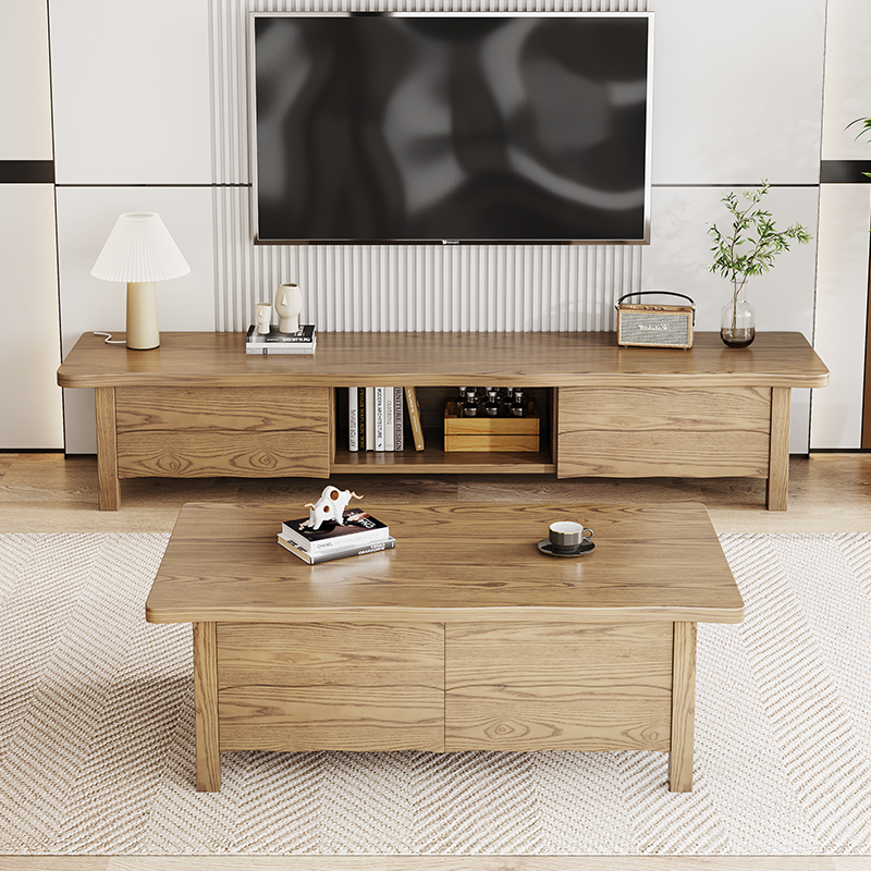 Formaldehyde-Free Ash Wood TV Stand - Modern Minimalist Solid Construction &amp; Open Compartment TV Cabinet 2 -Drawer For Living Room