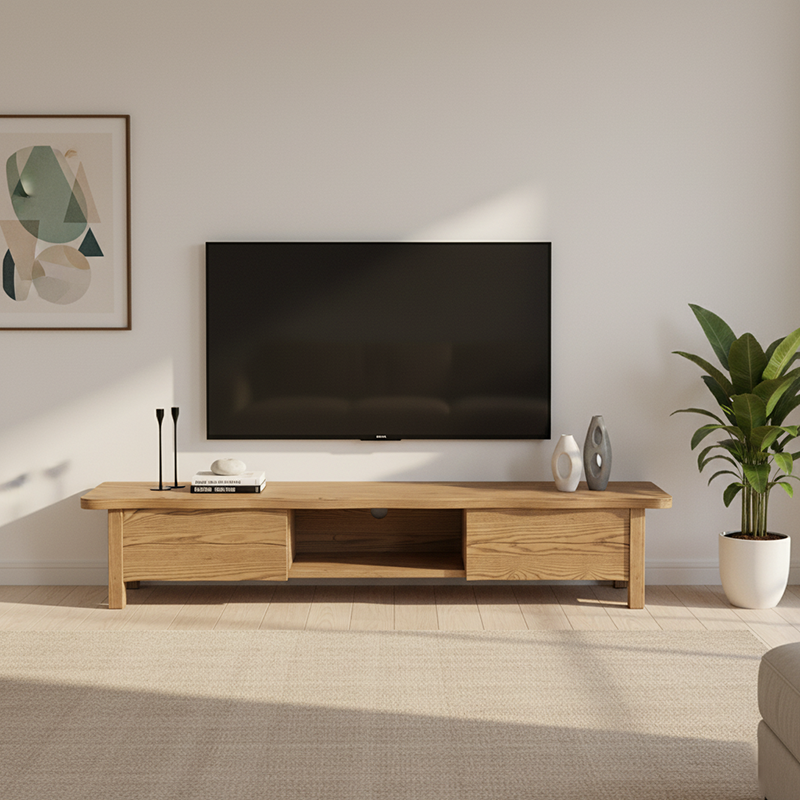 Formaldehyde-Free Ash Wood TV Stand - Modern Minimalist Solid Construction &amp; Open Compartment TV Cabinet 2 -Drawer For Living Room