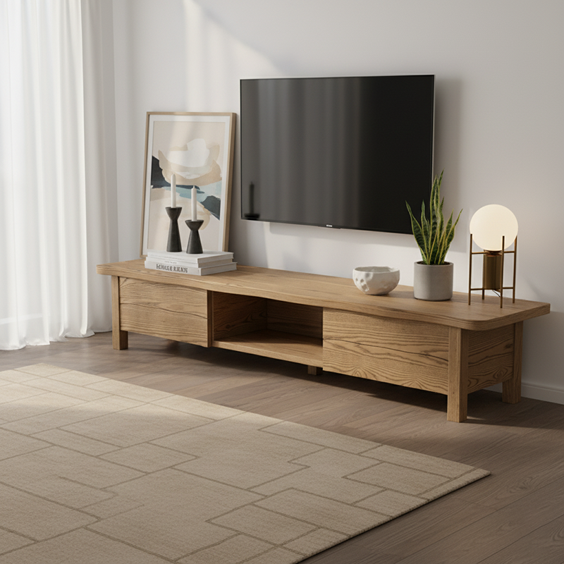 Formaldehyde-Free Ash Wood TV Stand - Modern Minimalist Solid Construction & Open Compartment TV Cabinet 2 -Drawer For Living Room