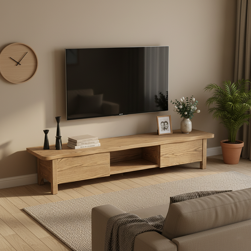 Formaldehyde-Free Ash Wood TV Stand - Modern Minimalist Solid Construction &amp; Open Compartment TV Cabinet 2 -Drawer For Living Room