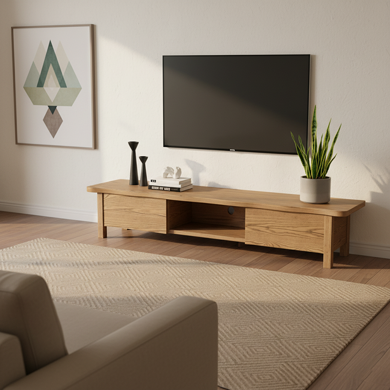 Formaldehyde-Free Ash Wood TV Stand - Modern Minimalist Solid Construction &amp; Open Compartment TV Cabinet 2 -Drawer For Living Room