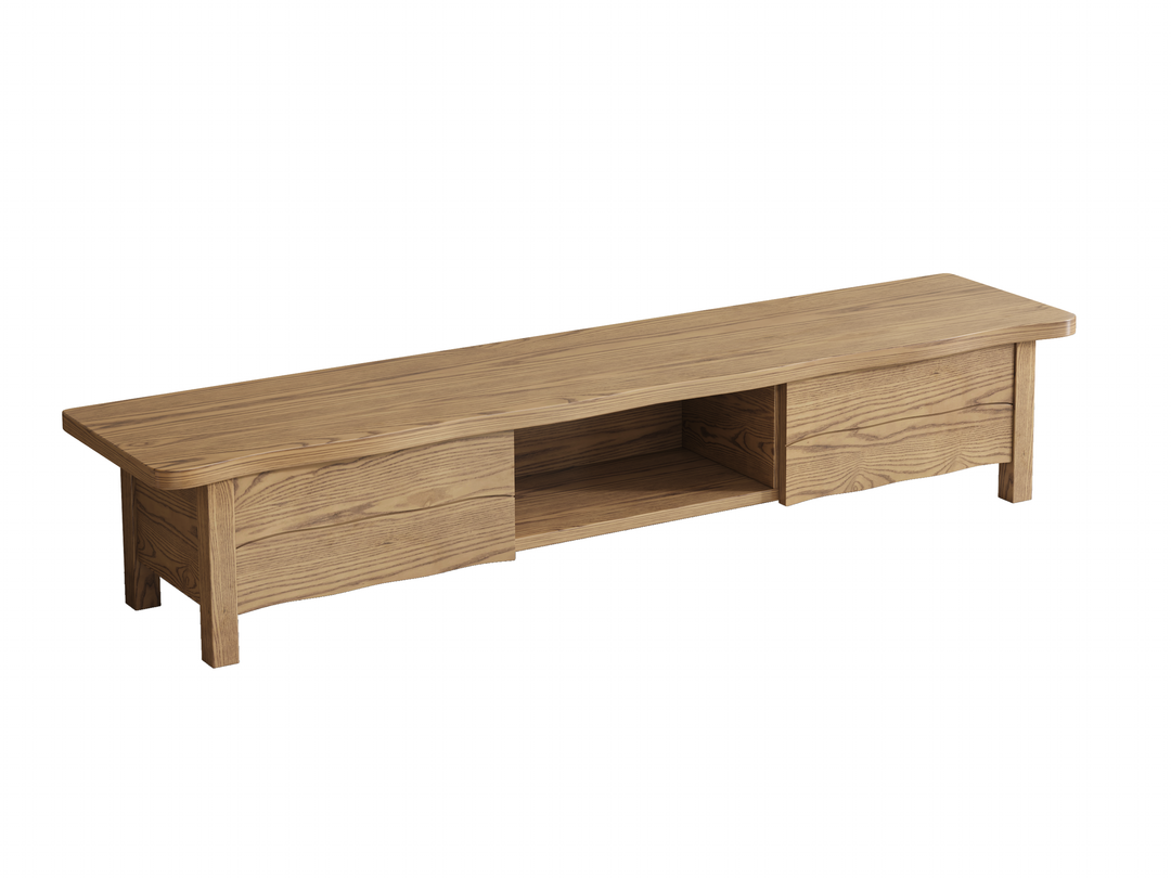 Formaldehyde-Free Ash Wood TV Stand - Modern Minimalist Solid Construction &amp; Open Compartment TV Cabinet 2 -Drawer For Living Room