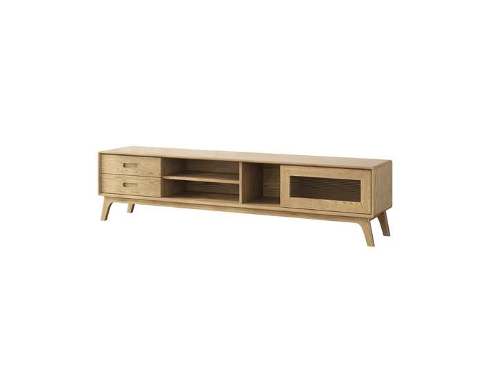 Meuble TV en frêne non toxique - design moderne minimaliste avec tiroir coulissant invisible et étagère ouverte, meuble TV 2 tiroirs pour salon 