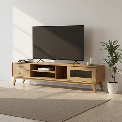 Non-Toxic Ash Wood TV Stand - Modern Minimalist Invisible Slide Drawer & Open Shelf Design TV Cabinet 2 -Drawer For Living Room