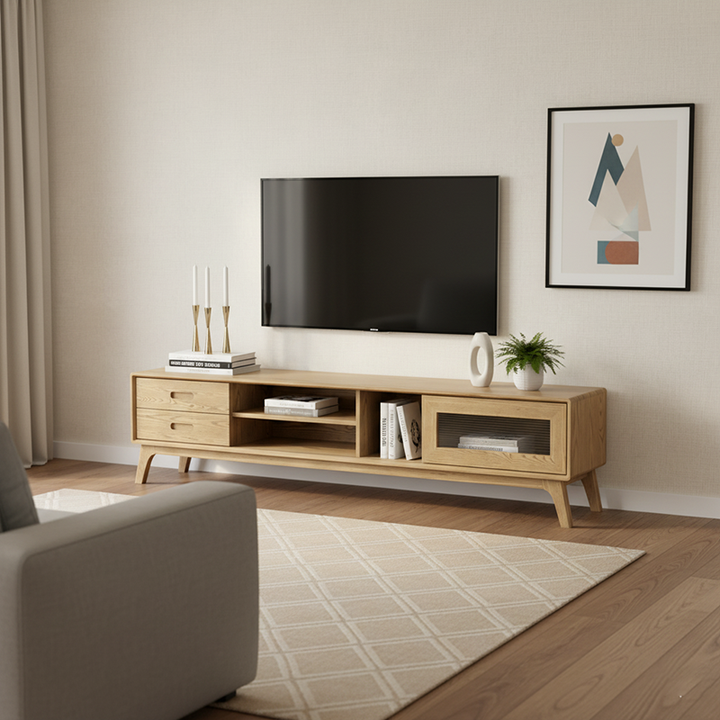 Nicht-toxischer Ascheholz-TV-Ständer - Moderner minimalistischer unsichtbarer Schubladenschieber & offenes Regal-Design TV-Schrank mit 2 Schubladen für das Wohnzimmer 