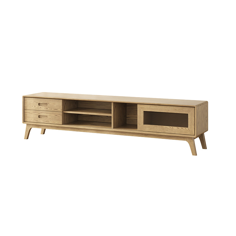 Meuble TV en frêne non toxique - design moderne minimaliste avec tiroir coulissant invisible et étagère ouverte, meuble TV 2 tiroirs pour salon 