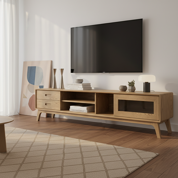 Meuble TV en frêne non toxique - design moderne minimaliste avec tiroir coulissant invisible et étagère ouverte, meuble TV 2 tiroirs pour salon 