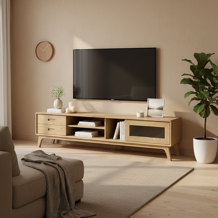 Meuble TV en frêne non toxique - design moderne minimaliste avec tiroir coulissant invisible et étagère ouverte, meuble TV 2 tiroirs pour salon 