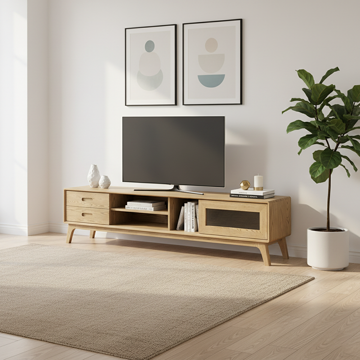 Nicht-toxischer Ascheholz-TV-Ständer - Moderner minimalistischer unsichtbarer Schubladenschieber & offenes Regal-Design TV-Schrank mit 2 Schubladen für das Wohnzimmer 