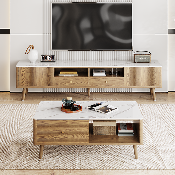 Meuble TV en frêne fabriqué en France - Solutions de rangement multiples et écologiques, meuble TV à 5 pieds pour salon 