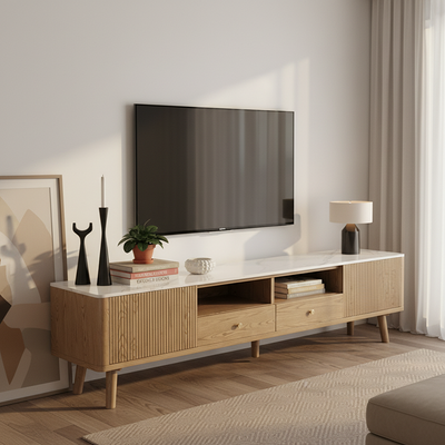 French Crafted Ash Wood TV Stand - Eco-Friendly & Multi-Storage Solutions TV Cabinet 5 -Leg For Living Room