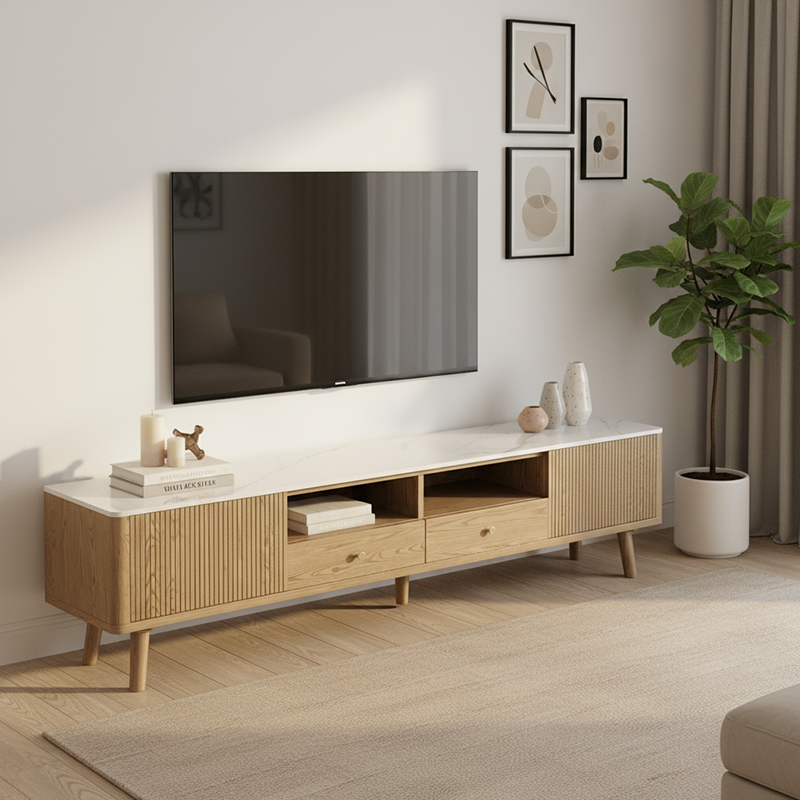 French Crafted Ash Wood TV Stand - Eco-Friendly & Multi-Storage Solutions TV Cabinet 5 -Leg For Living Room