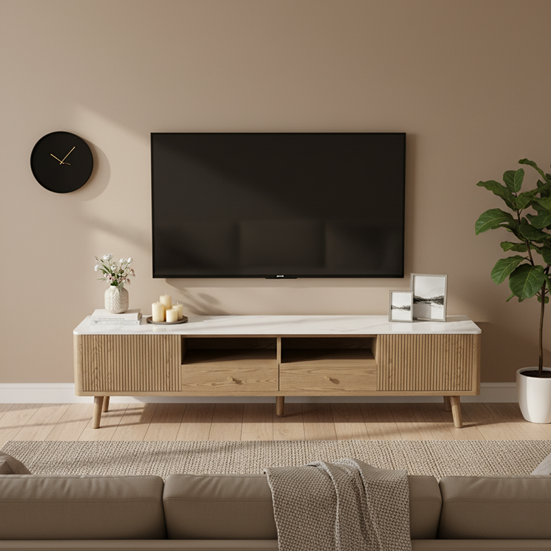 Meuble TV en frêne fabriqué en France - Solutions de rangement multiples et écologiques, meuble TV à 5 pieds pour salon 