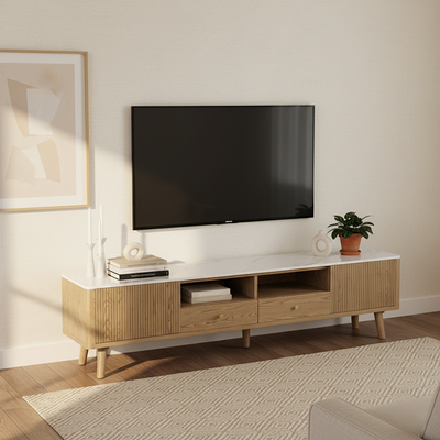French Crafted Ash Wood TV Stand - Eco-Friendly & Multi-Storage Solutions TV Cabinet 5 -Leg For Living Room