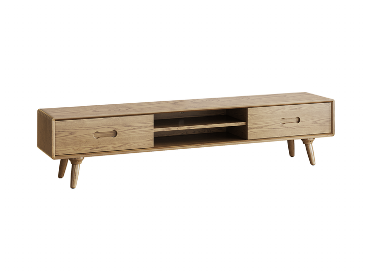 Soporte de TV de madera de fresno hecho a mano - Gabinete de TV de almacenamiento dual y sin formaldehído, tradicional y atemporal con 2 cajones para la sala de estar 