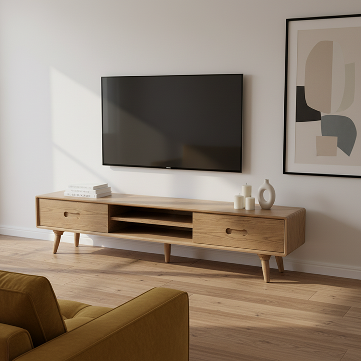 Handgefertigter TV-Ständer aus Eschenholz - Zeitloser traditioneller formaldehydfreier & dualer Stauraum-TV-Schrank mit 2 Schubladen für das Wohnzimmer 