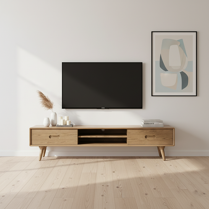Handgefertigter TV-Ständer aus Eschenholz - Zeitloser traditioneller formaldehydfreier & dualer Stauraum-TV-Schrank mit 2 Schubladen für das Wohnzimmer 