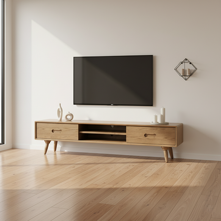 Handgefertigter TV-Ständer aus Eschenholz - Zeitloser traditioneller formaldehydfreier & dualer Stauraum-TV-Schrank mit 2 Schubladen für das Wohnzimmer 