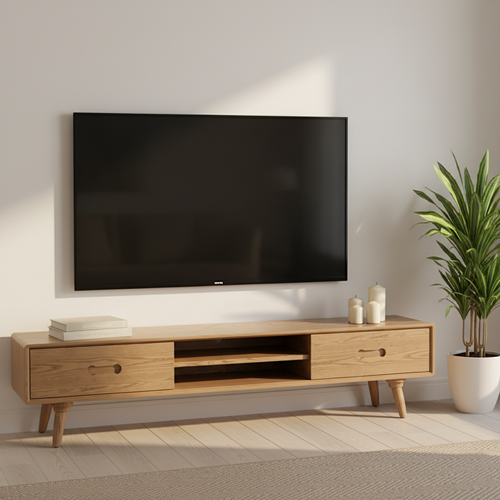 Soporte de TV de madera de fresno hecho a mano - Gabinete de TV de almacenamiento dual y sin formaldehído, tradicional y atemporal con 2 cajones para la sala de estar 