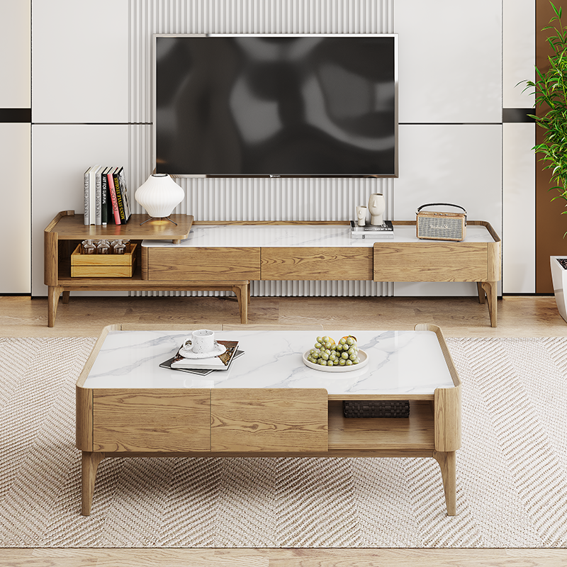 Hand-Sanded Ash Wood TV Stand - French Extendable Rock Slab & Solid Craft TV Cabinet 2 -Drawer For Living Room