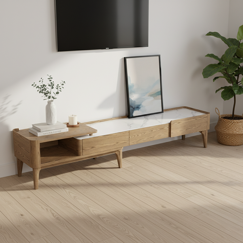 Handgeschliffener TV-Ständer aus Eschenholz - Französischer ausziehbarer Felsenplatte &amp; solide Handwerks-TV-Schrank mit 2 Schubladen für das Wohnzimmer 