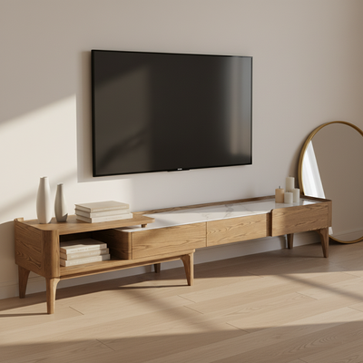 Hand-Sanded Ash Wood TV Stand - French Extendable Rock Slab & Solid Craft TV Cabinet 2 -Drawer For Living Room