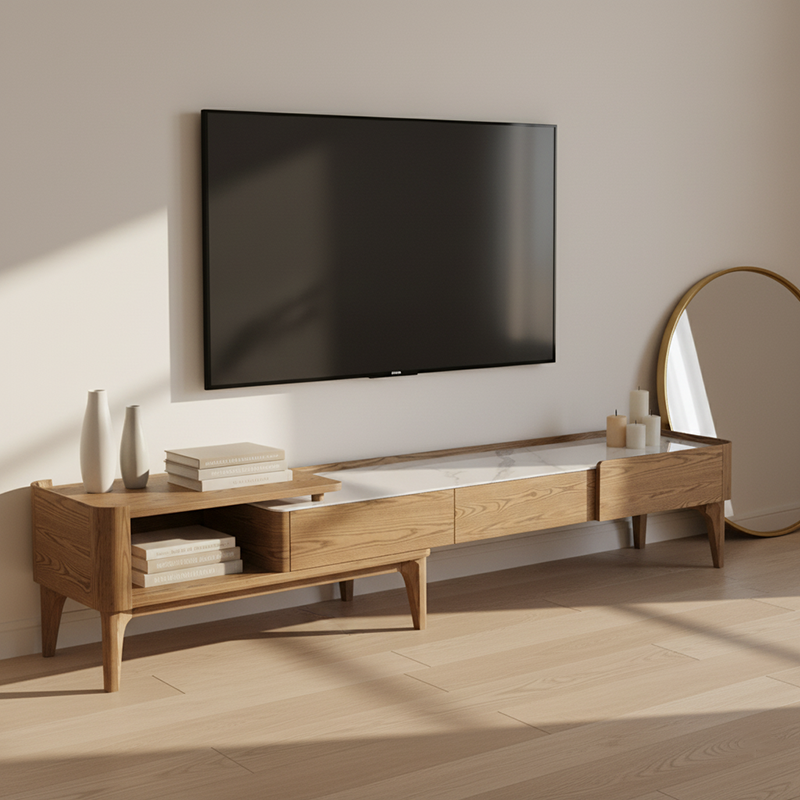 Hand-Sanded Ash Wood TV Stand - French Extendable Rock Slab & Solid Craft TV Cabinet 2 -Drawer For Living Room