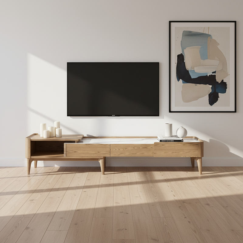 Hand-Sanded Ash Wood TV Stand - French Extendable Rock Slab & Solid Craft TV Cabinet 2 -Drawer For Living Room