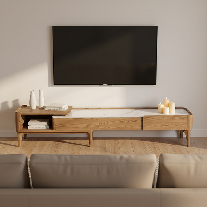 Handgeschliffener TV-Ständer aus Eschenholz - Französischer ausziehbarer Felsenplatte &amp; solide Handwerks-TV-Schrank mit 2 Schubladen für das Wohnzimmer 