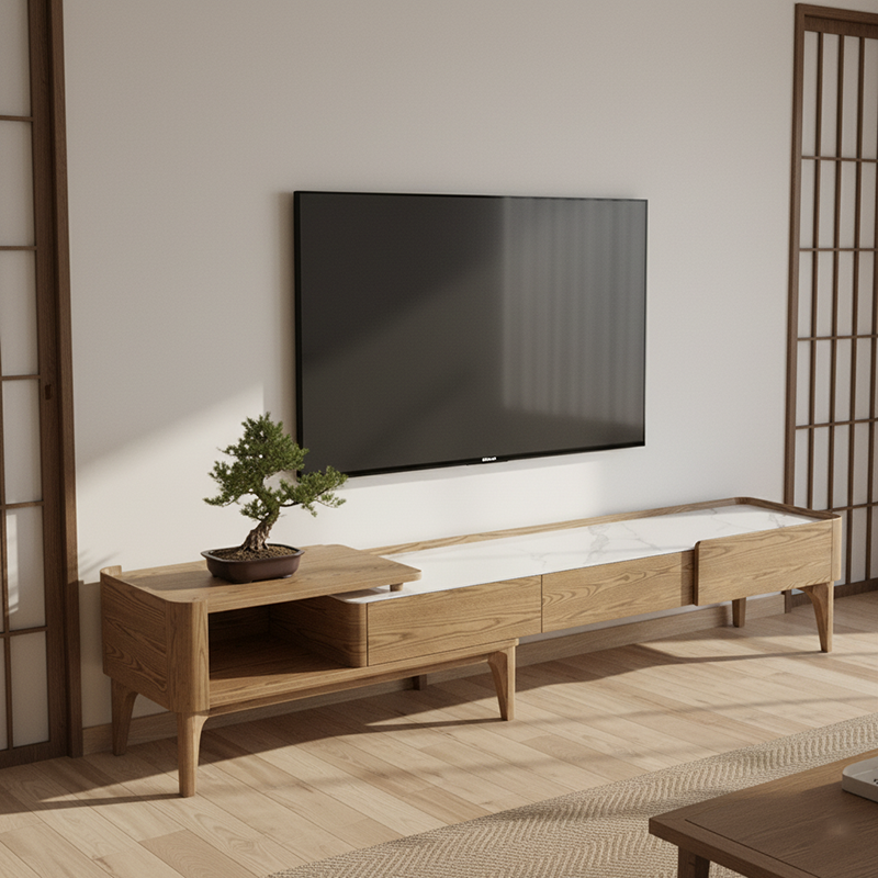 Handgeschliffener TV-Ständer aus Eschenholz - Französischer ausziehbarer Felsenplatte &amp; solide Handwerks-TV-Schrank mit 2 Schubladen für das Wohnzimmer 