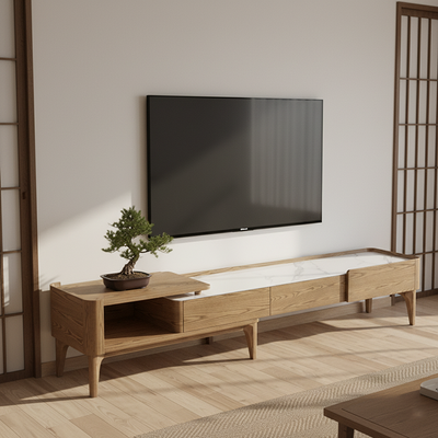 Hand-Sanded Ash Wood TV Stand - French Extendable Rock Slab & Solid Craft TV Cabinet 2 -Drawer For Living Room