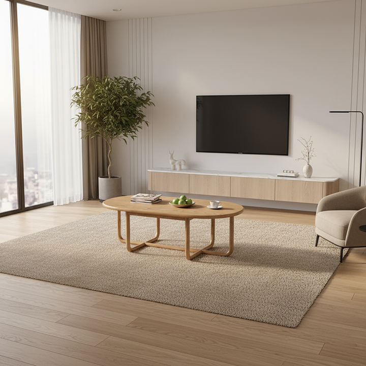 Modern Minimalist Oval Coffee Table - Stable &amp; Eco-Friendly Ash Wood Table 1-Tier For Living Room