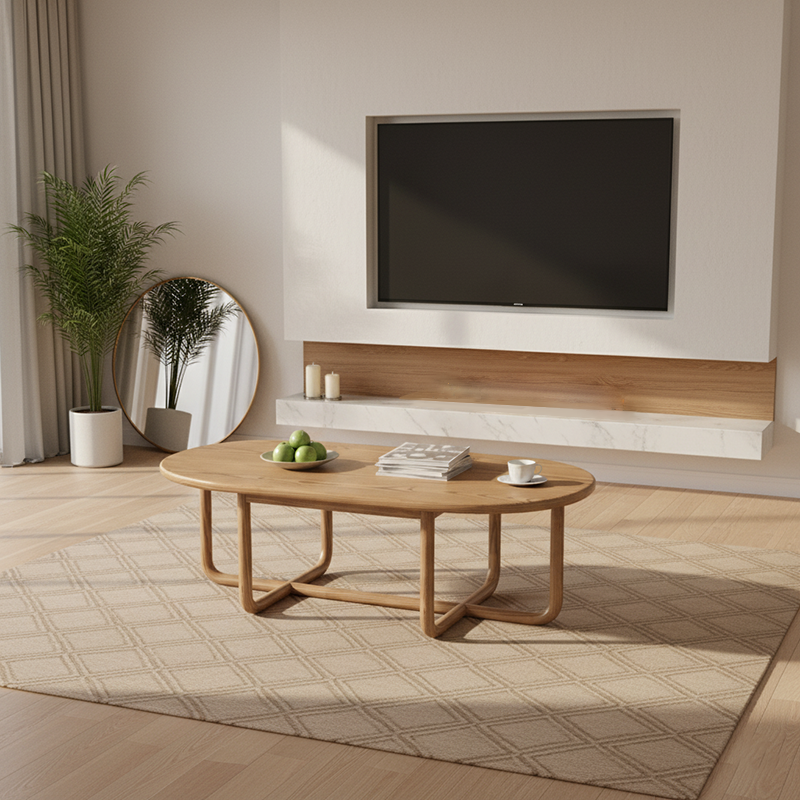 Modern Minimalist Oval Coffee Table - Stable &amp; Eco-Friendly Ash Wood Table 1-Tier For Living Room