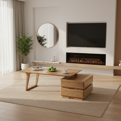 Japanese Zen Ash Wood Extendable Coffee Table - Extendable & Eco-Friendly Storage Table 2-Drawer For Living Room