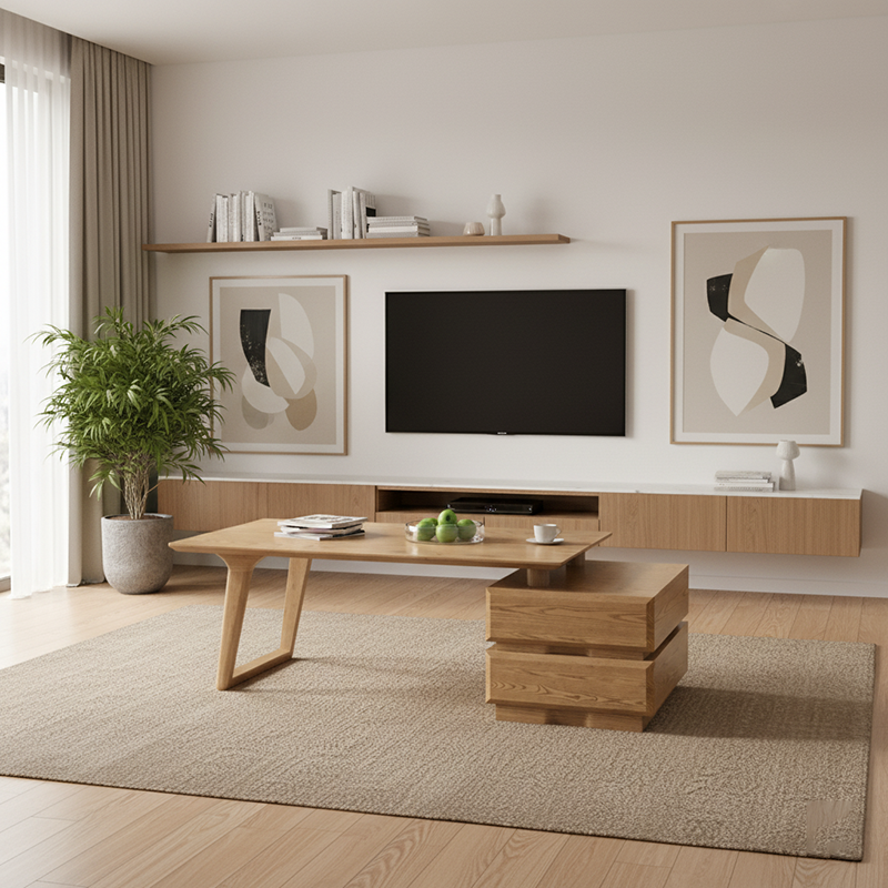 Japanese Zen Ash Wood Extendable Coffee Table - Extendable & Eco-Friendly Storage Table 2-Drawer For Living Room