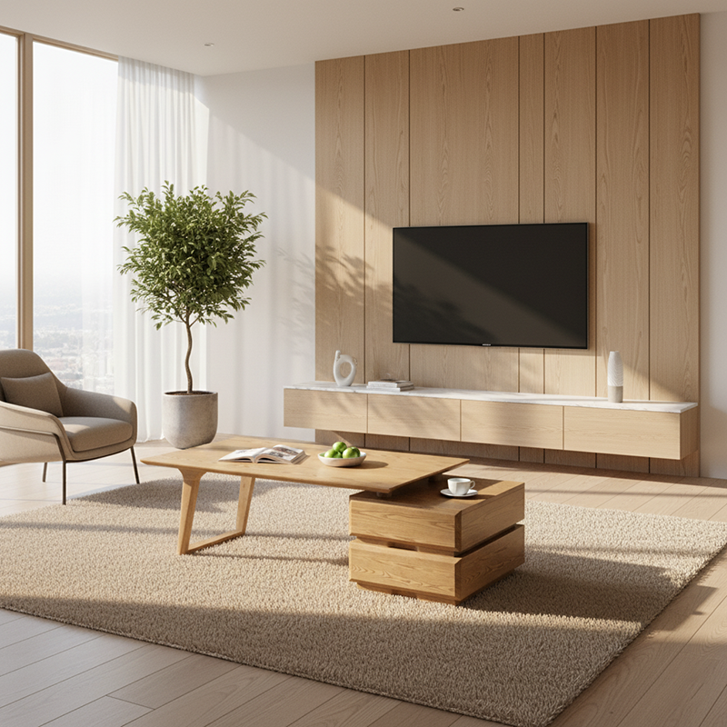 Japanese Zen Ash Wood Extendable Coffee Table - Extendable & Eco-Friendly Storage Table 2-Drawer For Living Room