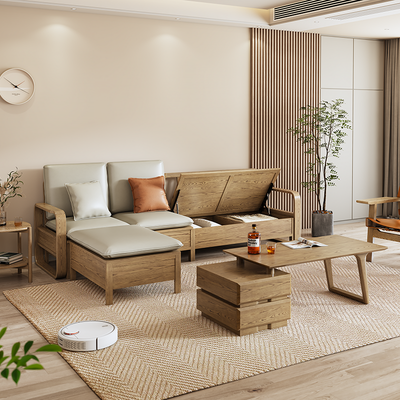 Japanese Zen Ash Wood Extendable Coffee Table - Extendable & Eco-Friendly Storage Table 2-Drawer For Living Room